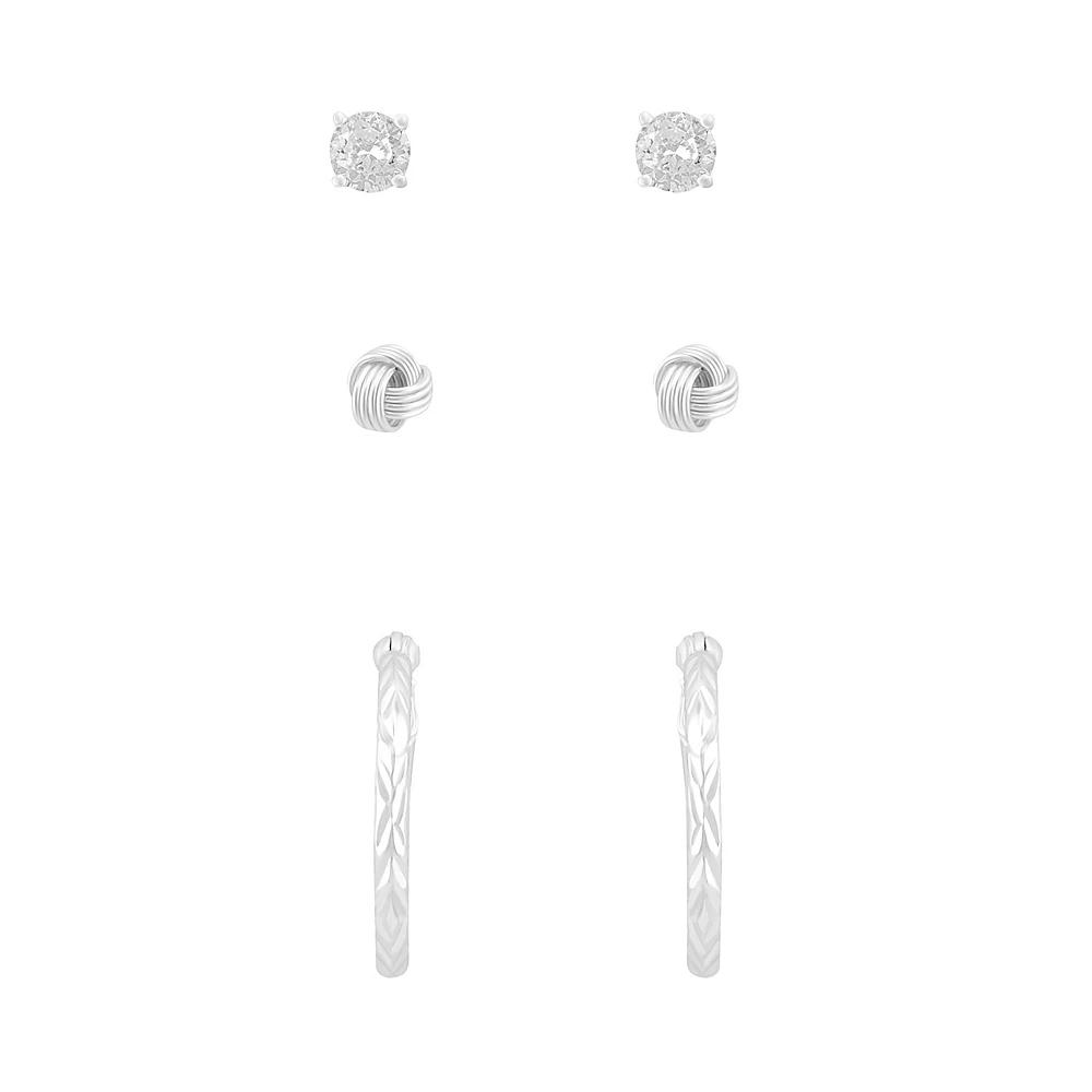 American Exchange 3-Pair Sterling Silver Cubic Zirconia Hoop, Knot, & Stud Earring Set, Womens, Silver Tone Product Image