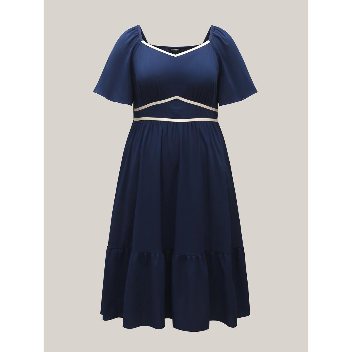 Plus Size Textured Stretchy Waist Milkmaid Style Midi Dress Indigo Women Leisure Woven ribbon&lace trim Heart neckline Short sleeve Curvy BloomChic 14-16/1X Product Image