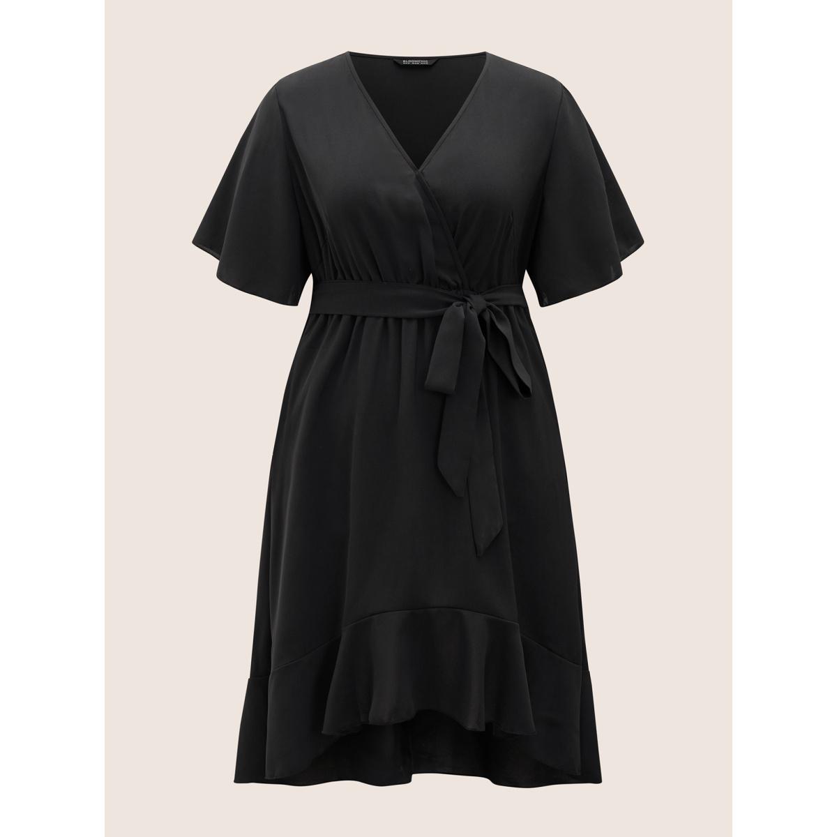 Plus Size Bloom Dress - Solid Tie Surplice Ruffle High Low Dress Black Women Elegant Cross straps V-neck Short sleeve Curvy Midi Dress BloomChic 14/1X Product Image