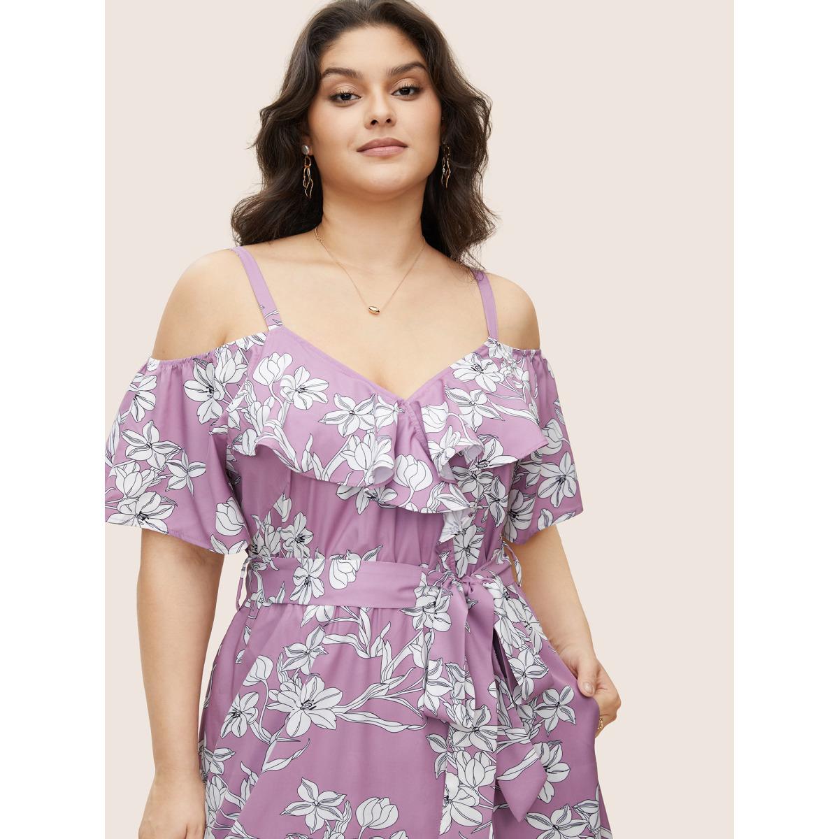 Plus Size Floral Ruffles Asymmetrical Hem Belted Gathered Dress Lilac Women Elegant Gathered Non Short sleeve Curvy Midi Dress BloomChic 30/6X Product Image