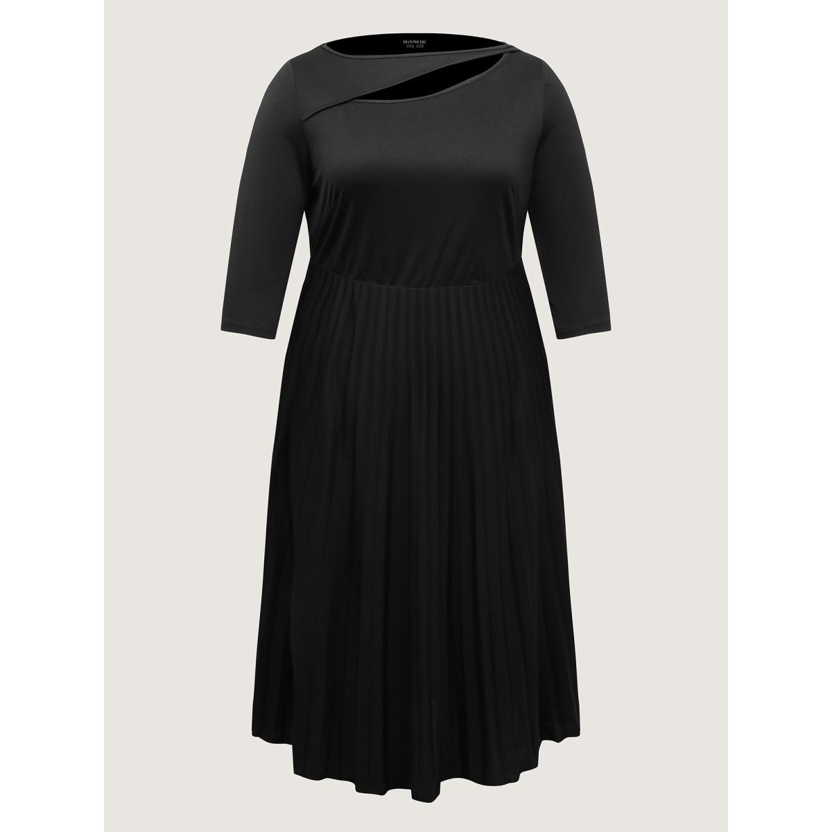 Plus Size Neck Cut-Out Pleated Stretchy Midi Dress Black Women Office Asymmetrical Neck Elbow-length sleeve Curvy BloomChic 30/6X Product Image