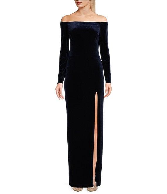 Pear Culture Velvet Long Sleeve Off-The-Shoulder Slim Long Dress Product Image