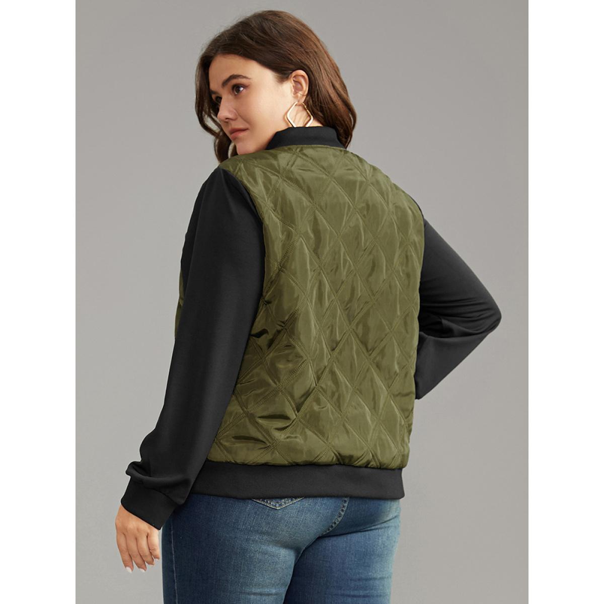 Plus Size Contrast Patchwork Quilted Zipper Bomber Jacket Women ArmyGreen Elastic cuffs Everyday Jackets BloomChic 22-24/3X Product Image