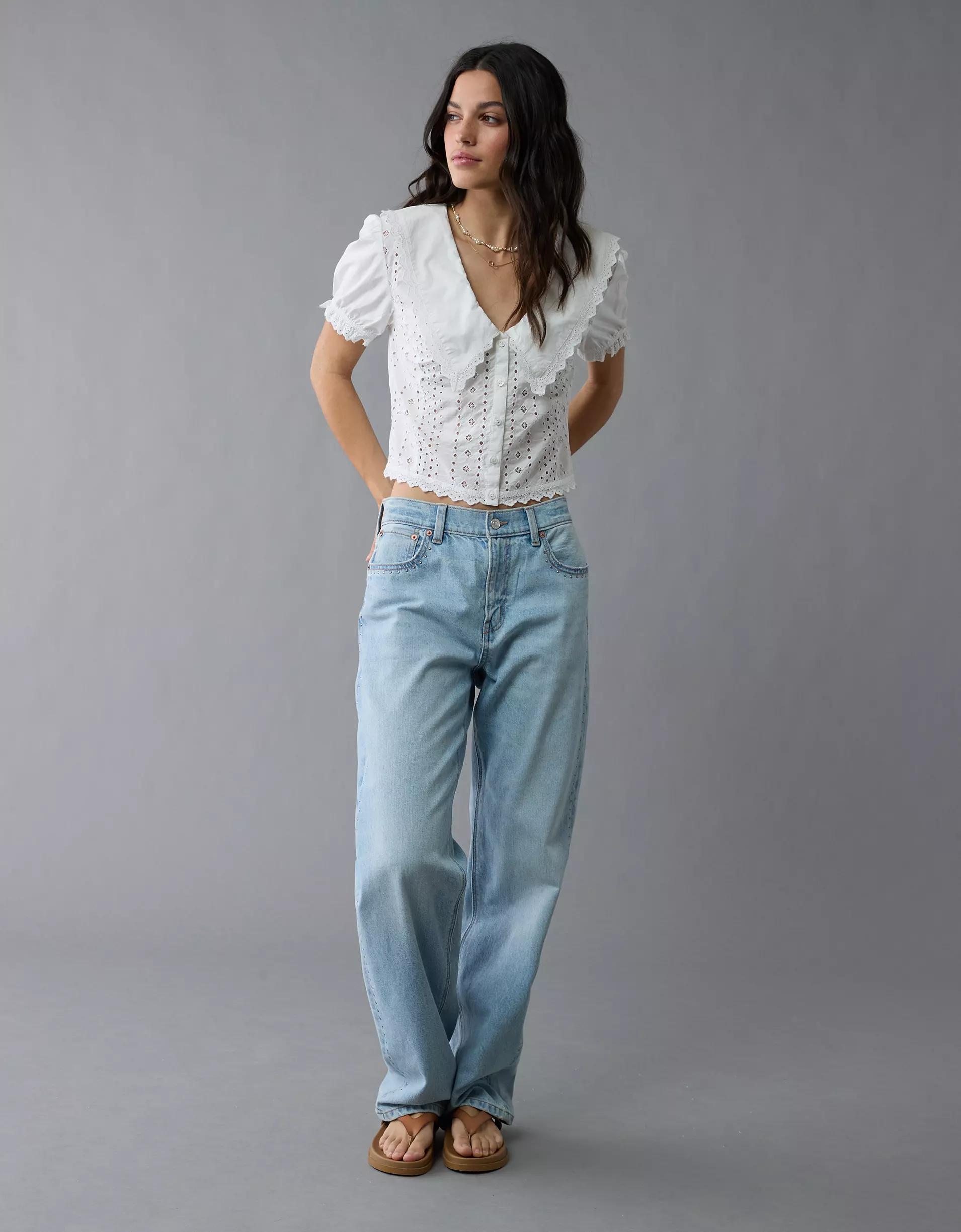 AE Short-Sleeve Ruffle Collar Eyelet Crop Top Product Image