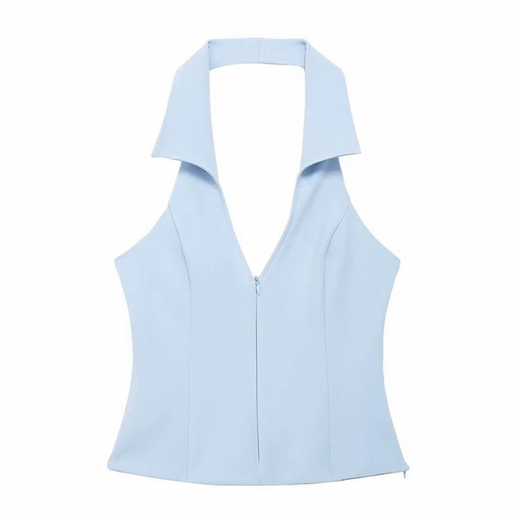 Halter Collar Plain Zip Tank Top / Skort / Set Product Image