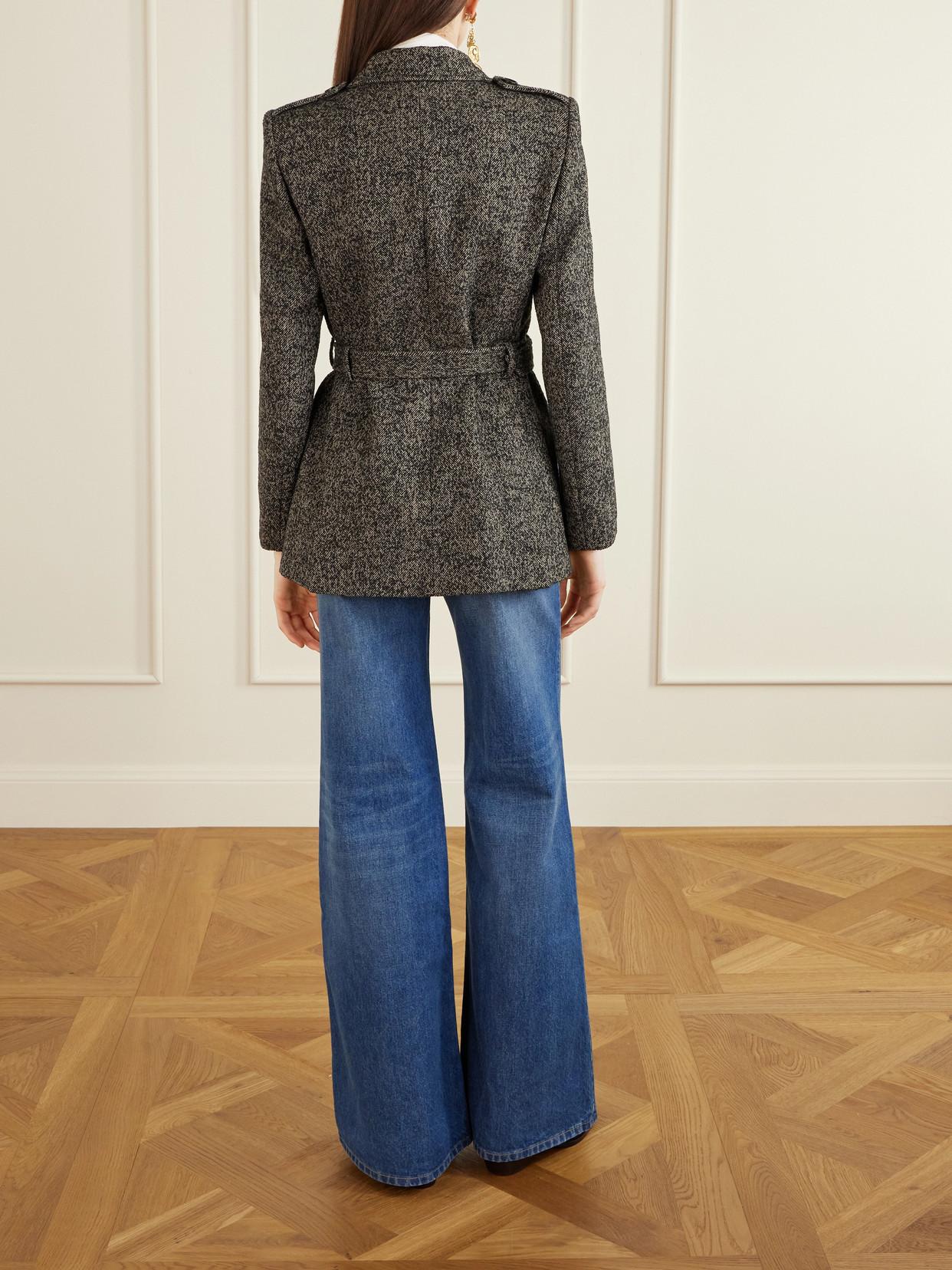 CHLOÉ Belted Herringbone Wool-blend Jacket In Brown Product Image