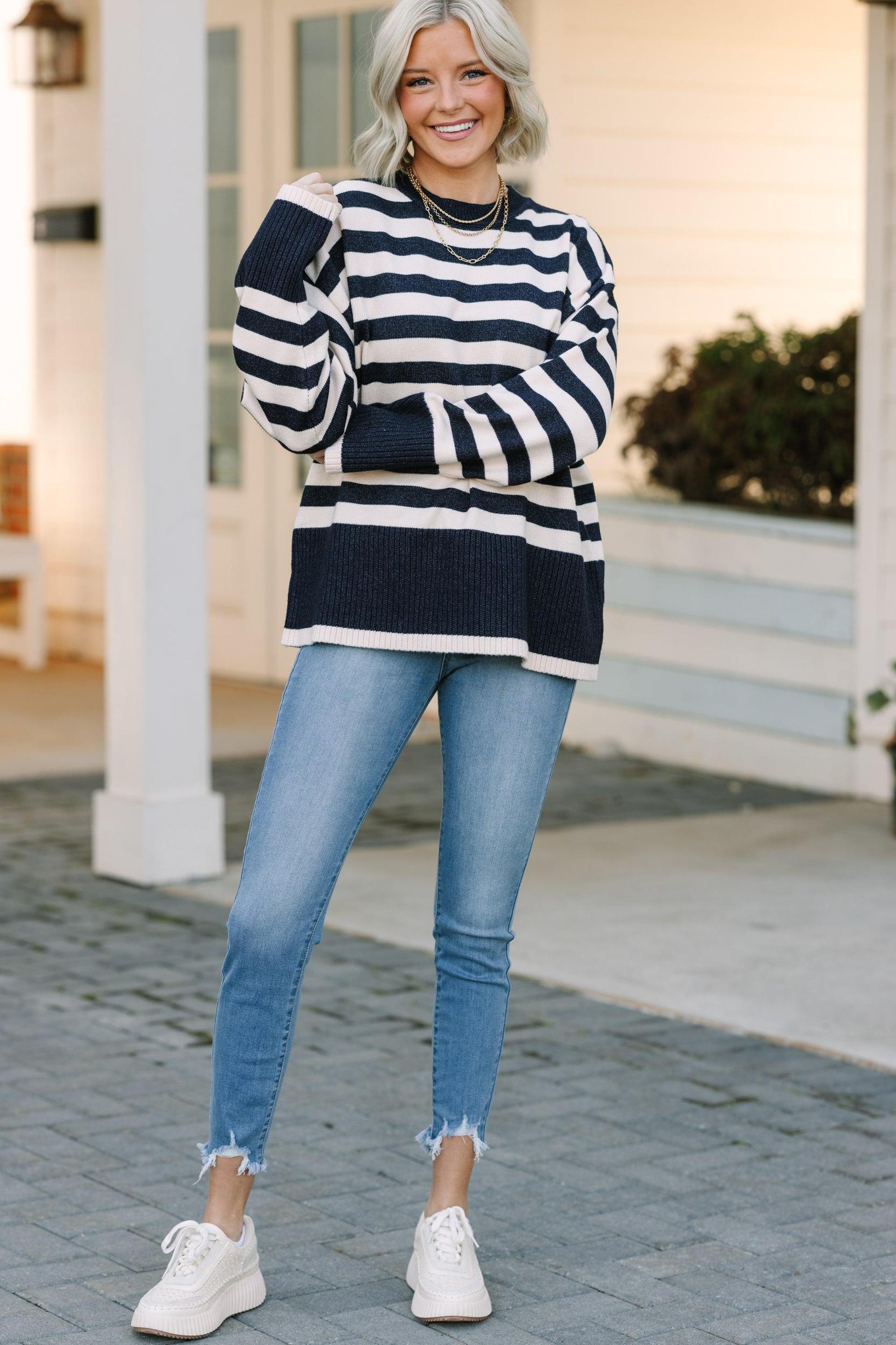 On The Way Up Navy Blue Striped Sweater Female Product Image