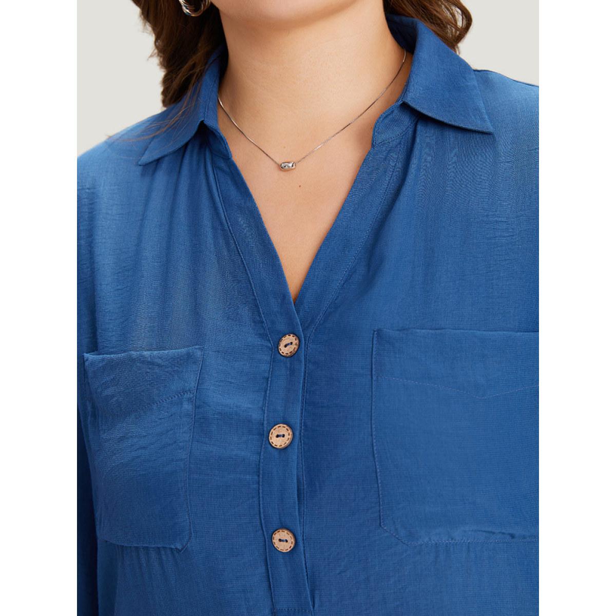 Plus Size Aegean Supersoft Essentials Solid Button Up Pocket Shirt Collar Blouse Women Office Elbow-length sleeve V-neck Dailywear Blouses BloomChic 18-20/2X Product Image