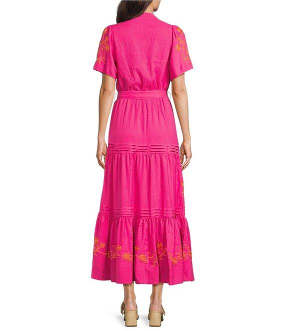 Calessa Embroidered Split V-Neck Short Sleeve Belted Maxi Dress Product Image