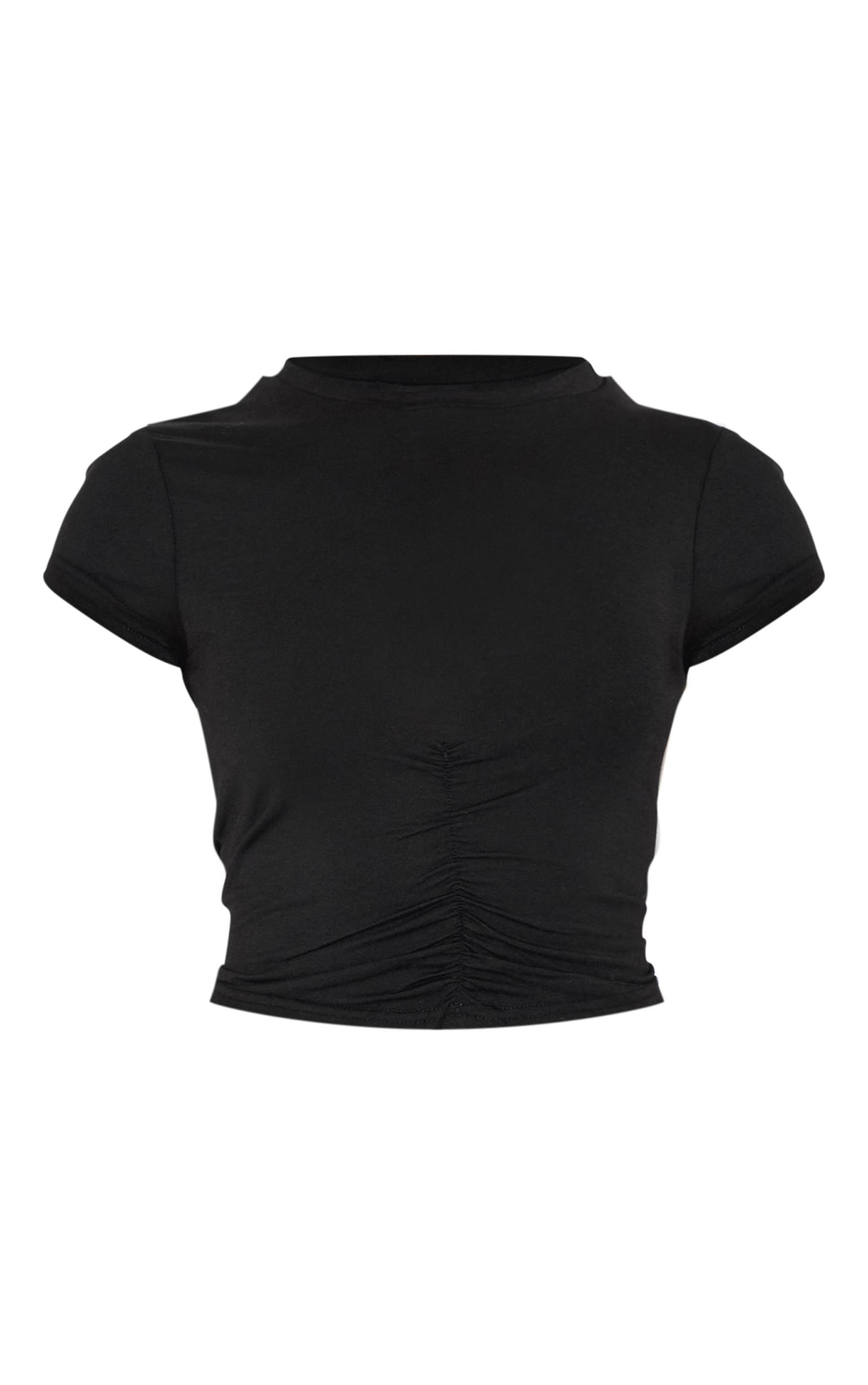Black Modal Cotton Ruched Front Crop T Shirt Product Image
