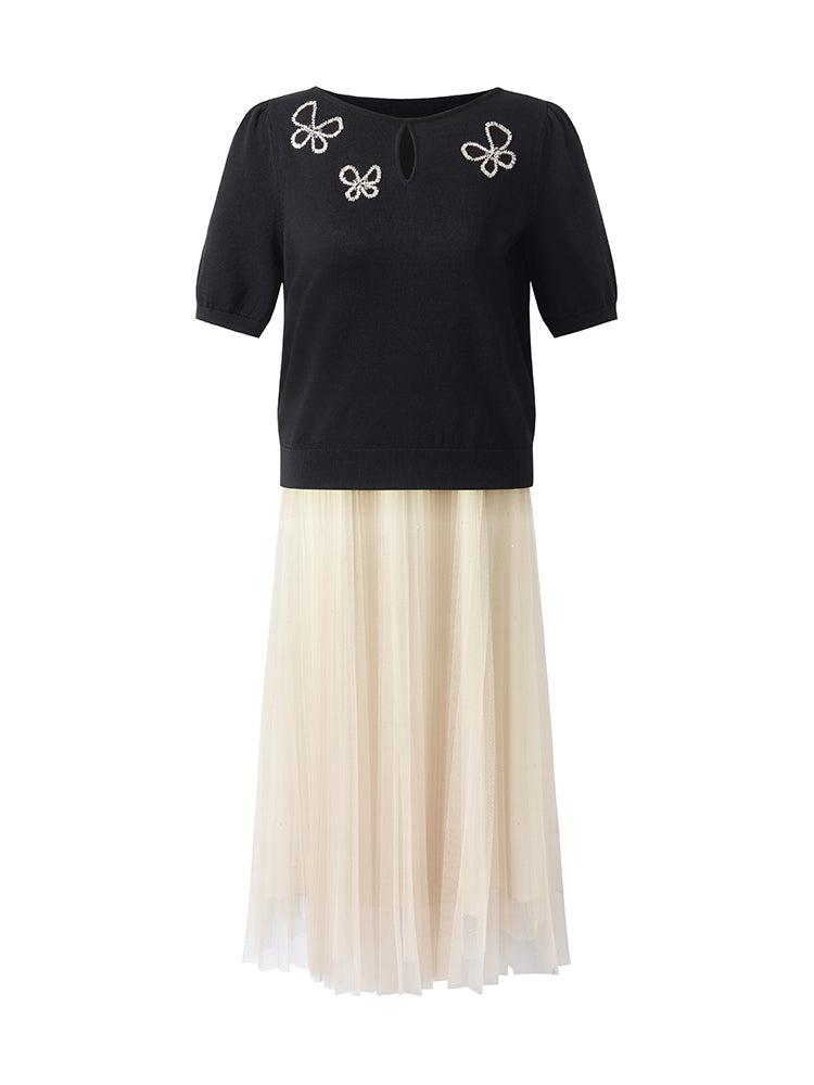 Tencel Knit Top And A-Line Mesh Skirt Two-Piece Set Product Image