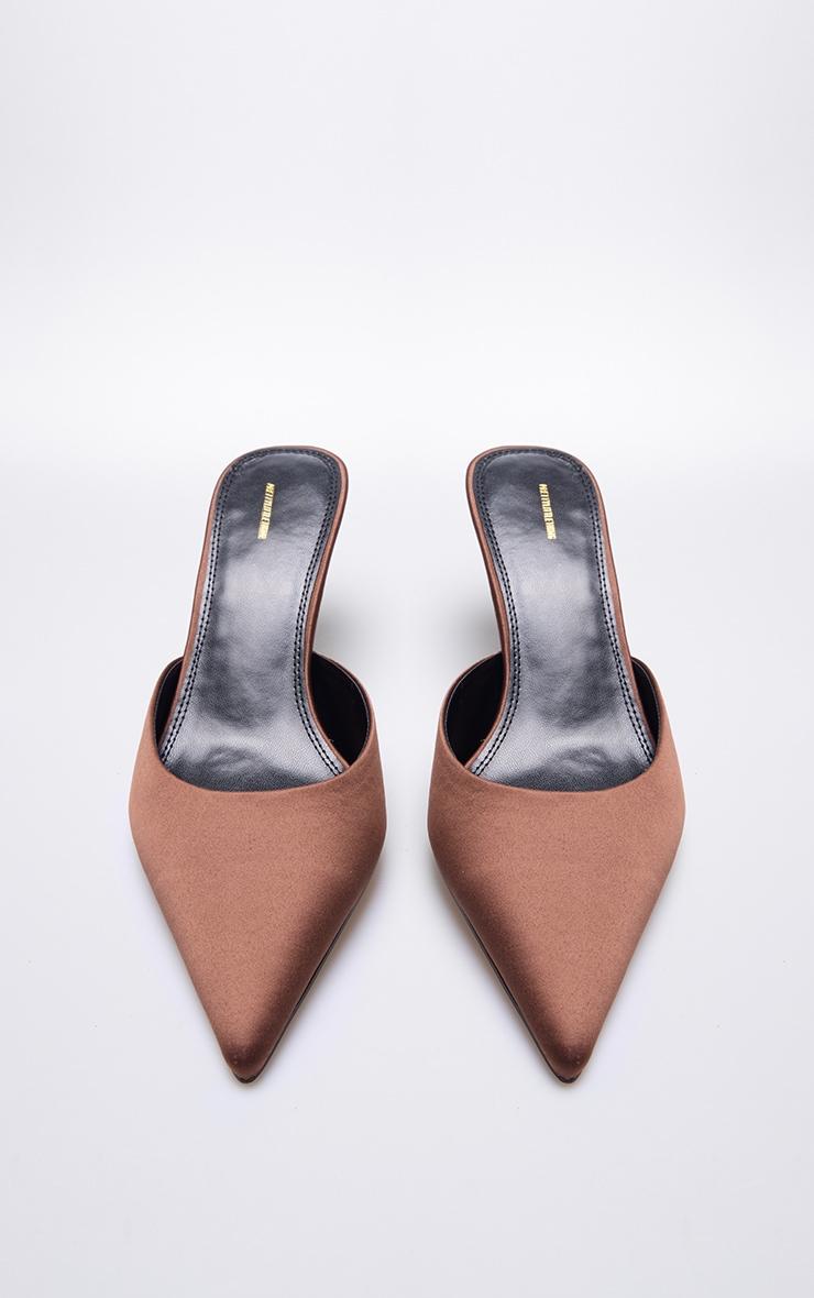 Chocolate Satin Point Toe Mid Stiletto Heeled Mules Product Image