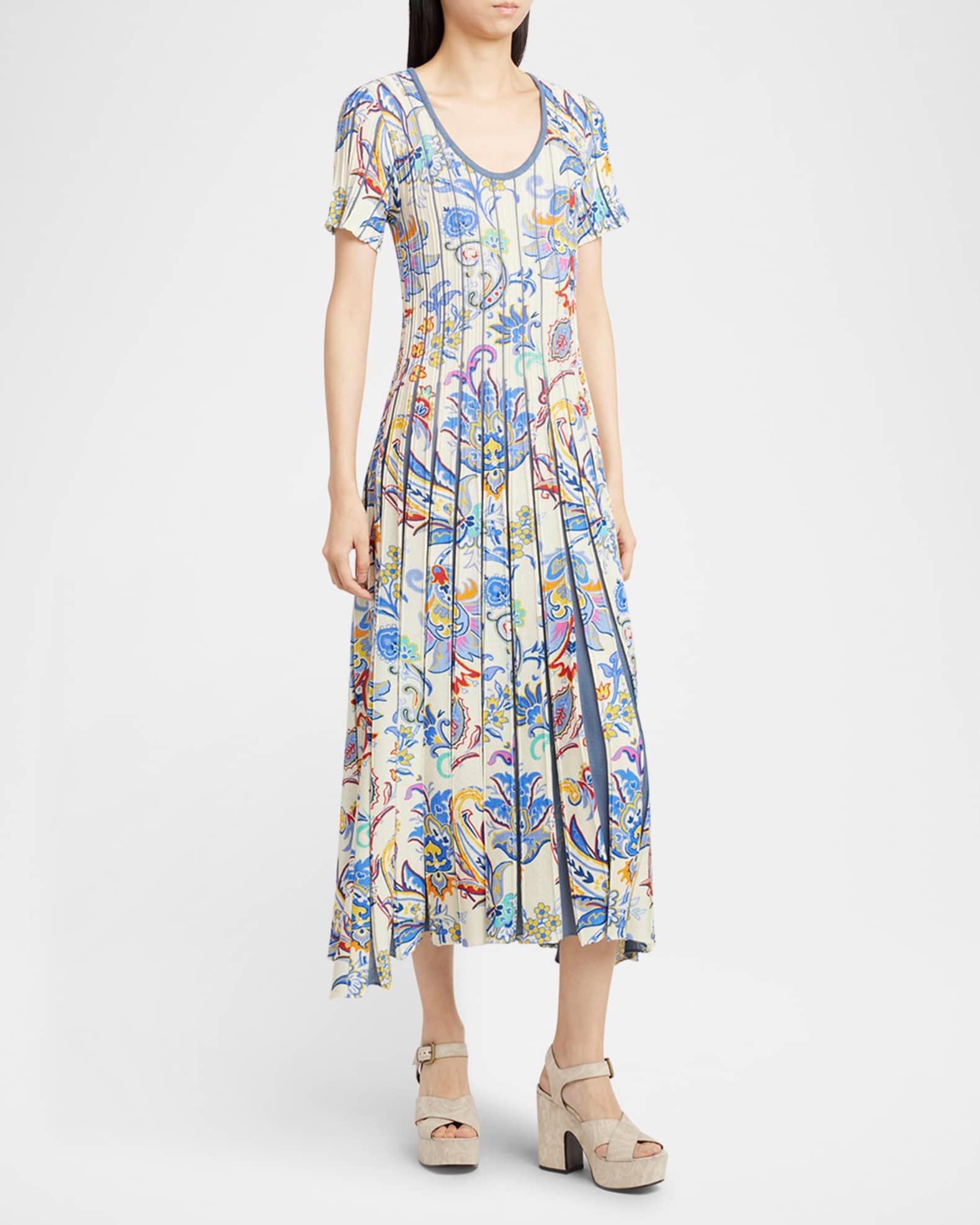 Blue Bouquet Pleated Knit Midi Sweater Dress Product Image