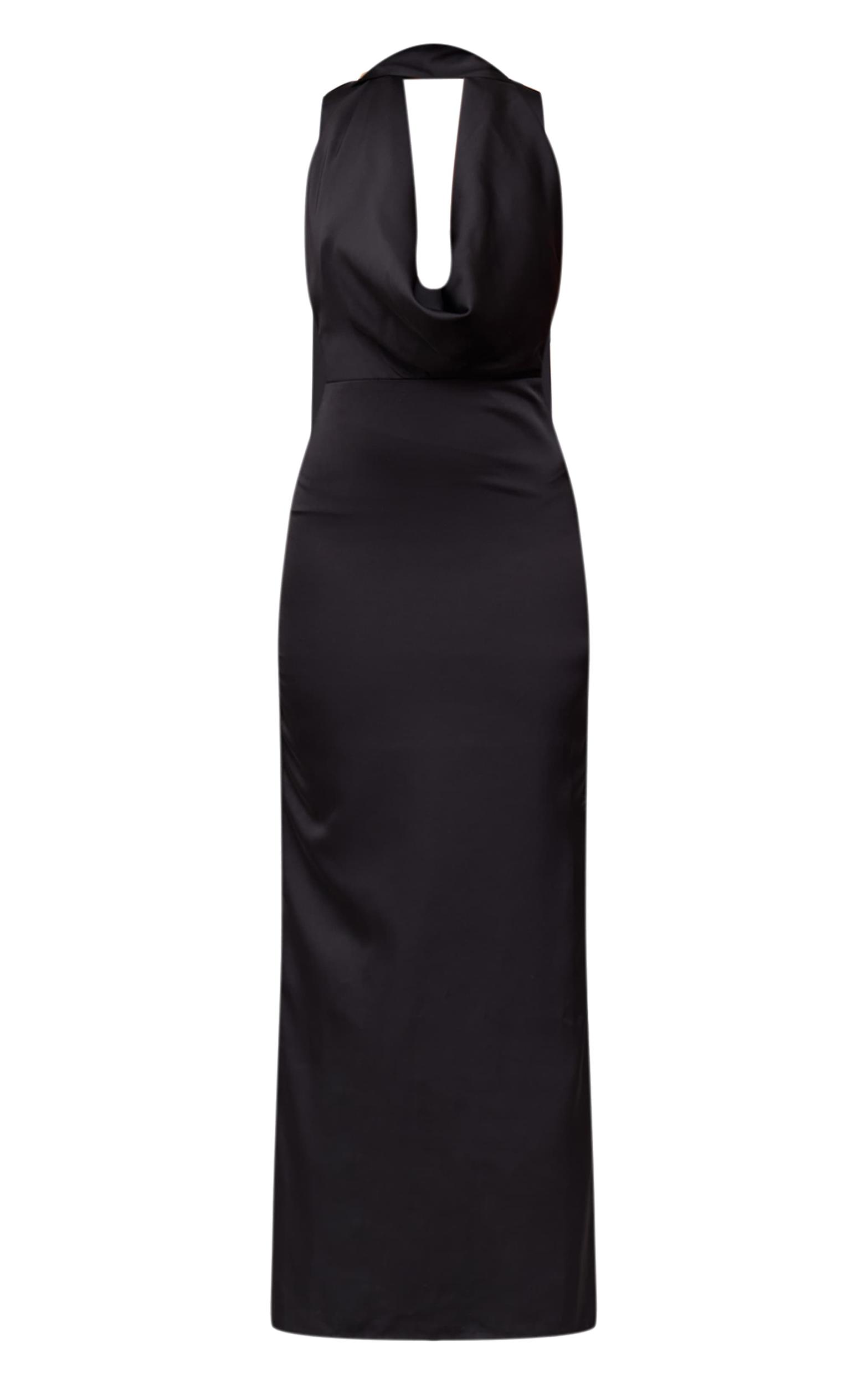 Black Satin Cowl Neck Drape Maxi Dress Product Image
