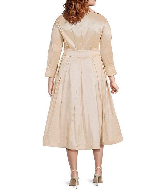 Marina Plus Size 3/4 Sleeve Point Collar Neck Tie Waist Taffeta Midi A-Line Dress Product Image