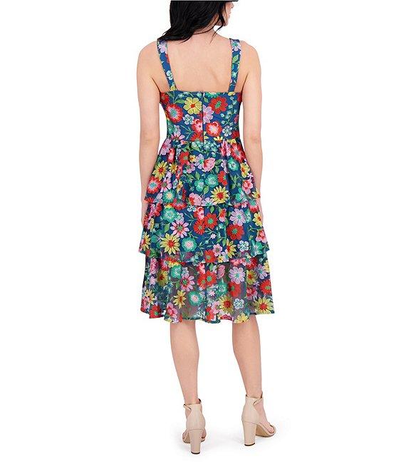 Kensie Floral Embroidered Mesh Square Neck Sleeveless Ruffle Tiered A-Line Dress Product Image