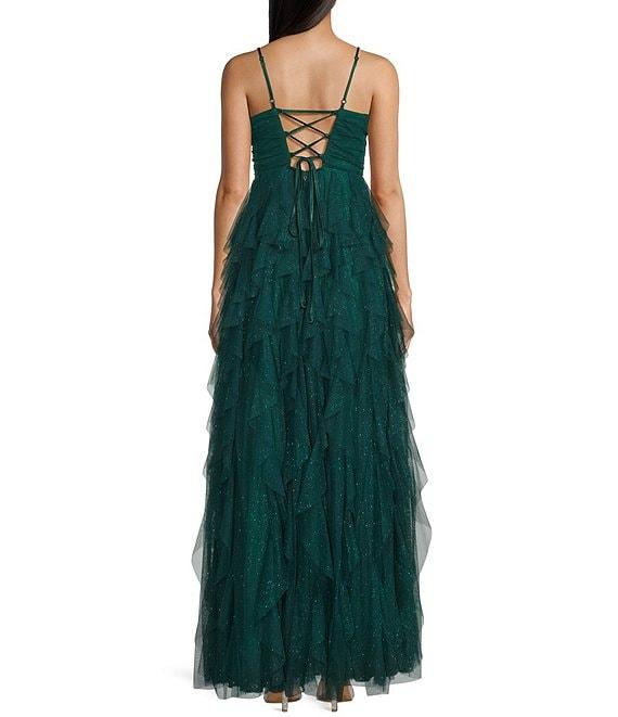 Pear Culture Glitter Mesh Sweetheart Neck Sleeveless Cut Front Bodice Dress Product Image