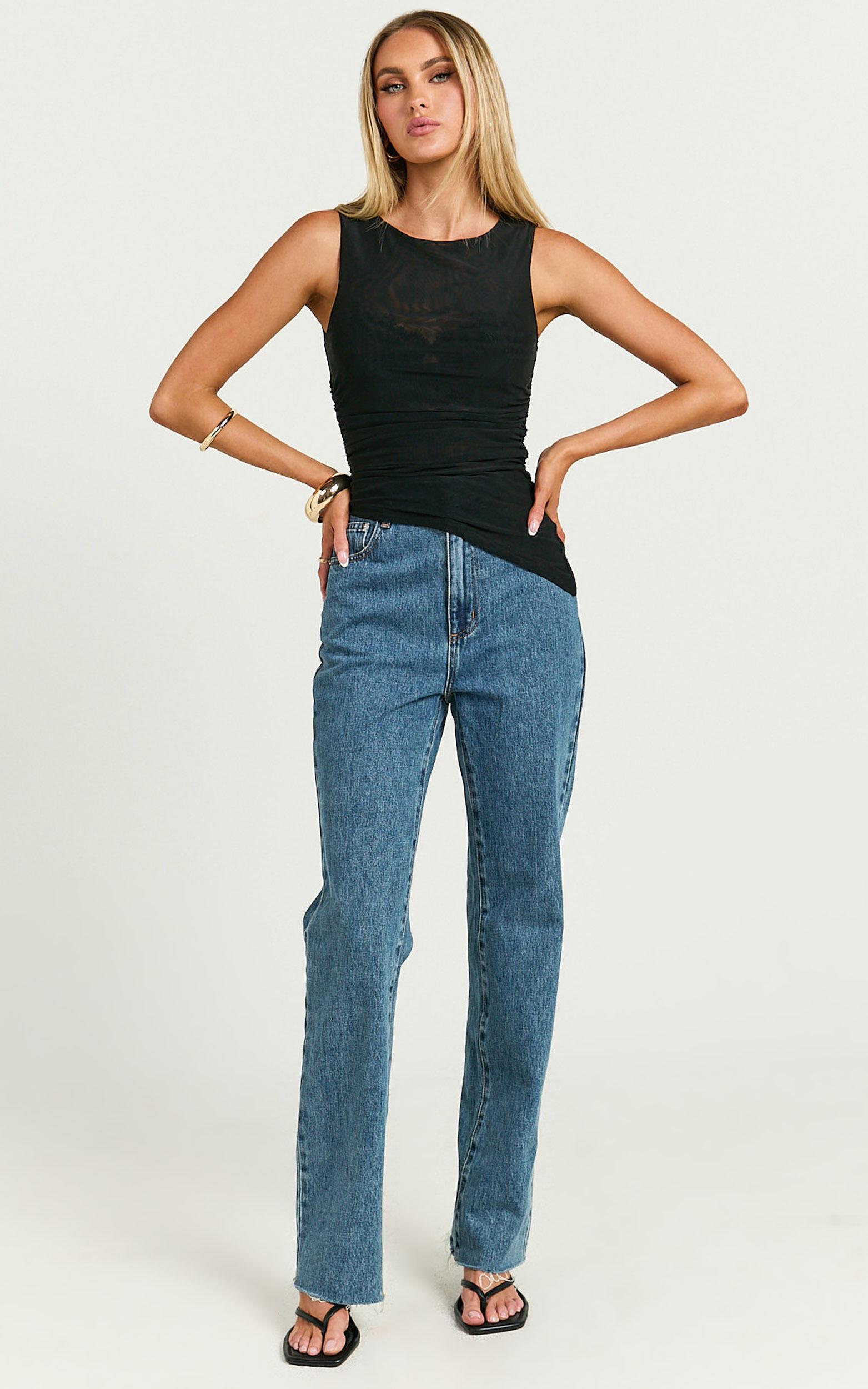 Alexis Top - Boat Neck Ruched Asymmetric Mesh Top in Black Product Image