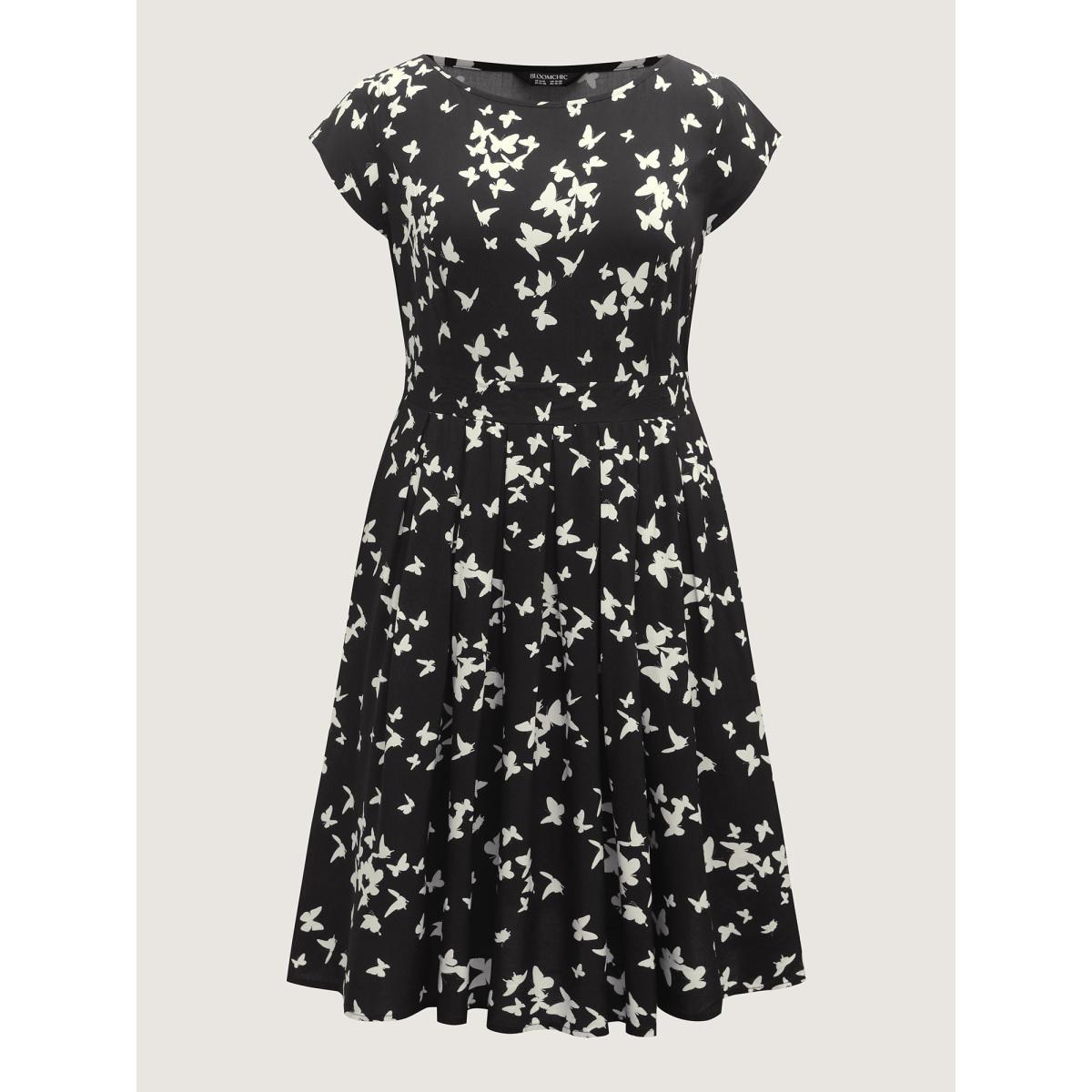 Plus Size Rayon Monochrome Butterfly Stretchy Midi Dress BlackFlower Women Timeless Boat Neck Cap Sleeve Curvy BloomChic 22-24/3X Product Image