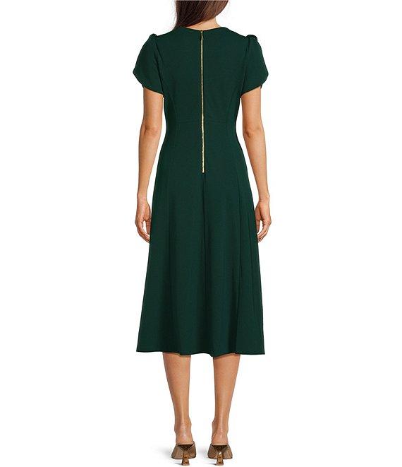 Calvin Klein Scuba Crepe Short Tulip Sleeve V-Neck A-Line Midi Dress Product Image