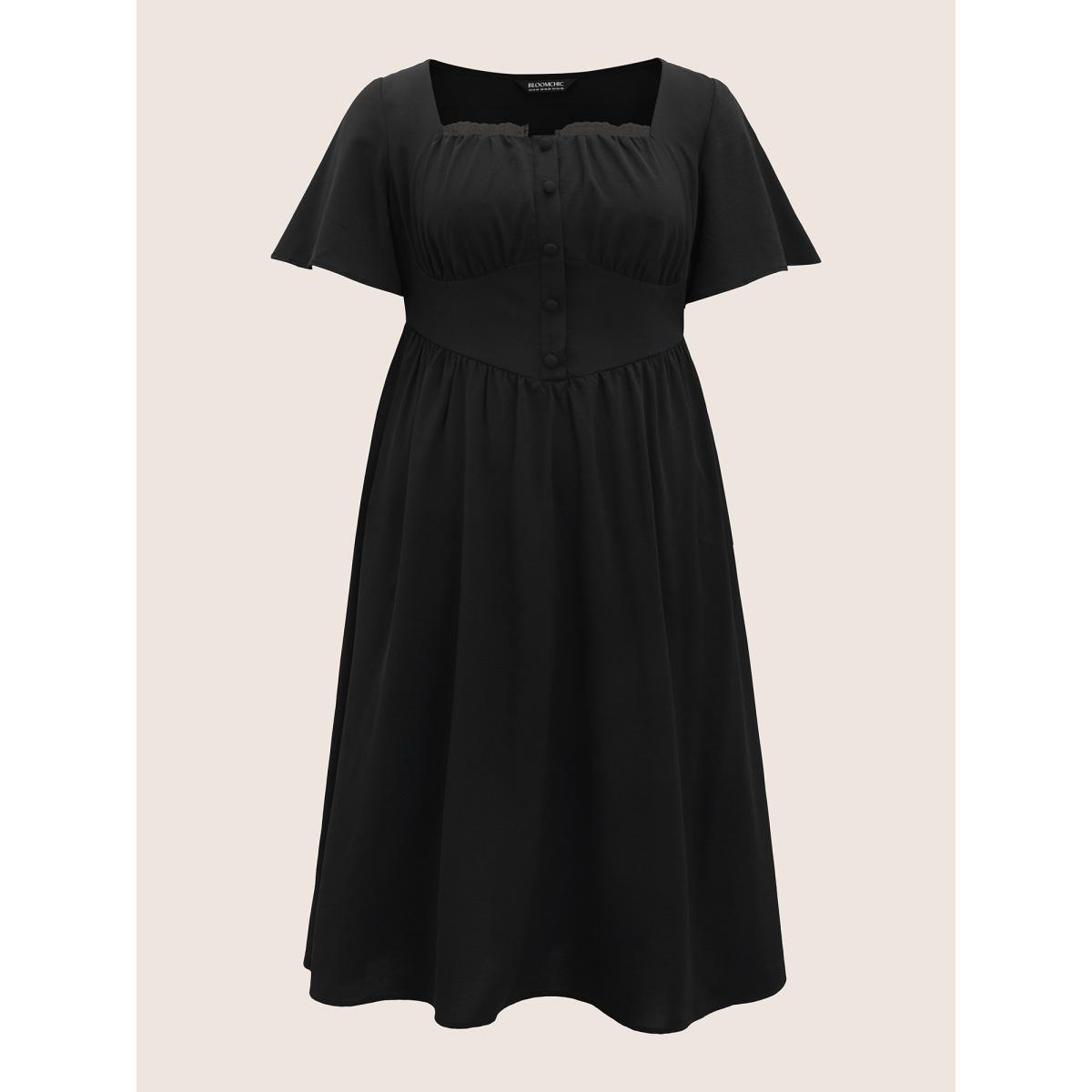 Plus Size Square Neck Guipure Lace Ruffle Sleeve Dress Black Women Elegant Non Square Neck Short sleeve Curvy BloomChic 18-20/2X Product Image