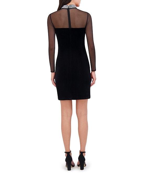 Vince Camuto Mixed Media Jewel Mock Neck Sheer Illusion Mesh Long Sleeve Ruch Velvet Bodycon Mini Dress Product Image