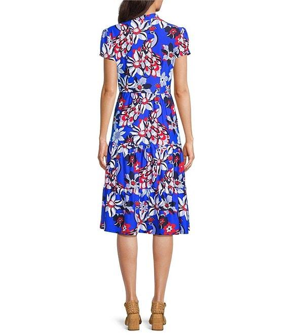 Jude Connally Libby Twirling Peacock Print Jude Cloth Stretch Knit V-Neck Short Puff Sleeve A-Line Tiered Midi Dress Product Image