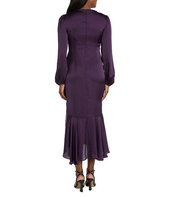 R & M Richards Satin V-Neck Long Balloon Sleeve Belted Rhinestone Buckle Faux Wrap Gown Product Image