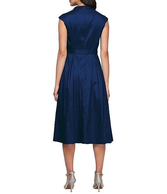 Alex Evenings Stretch Taffeta V Neck Cap Sleeve Tie Sash A-Line Midi Dress Product Image