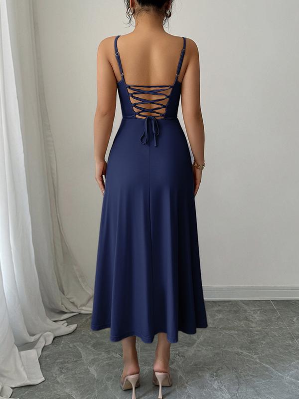 A-Line High Waisted Backless Pleated Solid Color Spaghetti-Neck Midi Dresses Product Image