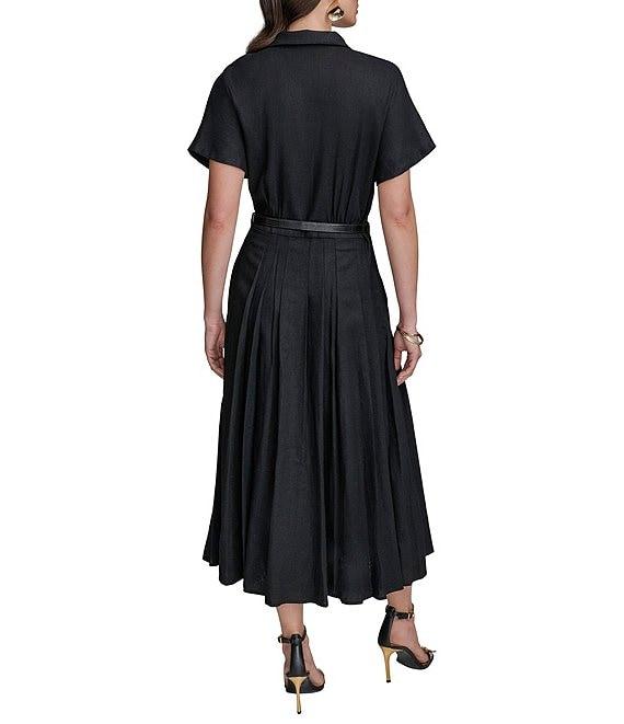 Donna Karan Linen Blend Short Sleeve Belted Midi Shirt Dress Product Image