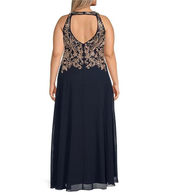 Betsy & Adam Plus Size Halter Neck Sleeveless Beaded A Line Chiffon Gown Product Image