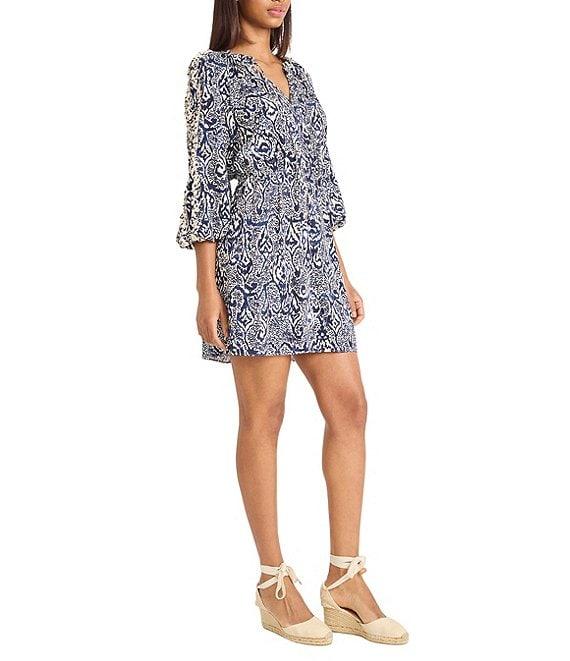 The Good Journey V-Neck 3/4 Sleeve Tie Waist Printed Challis Shift Dress Product Image