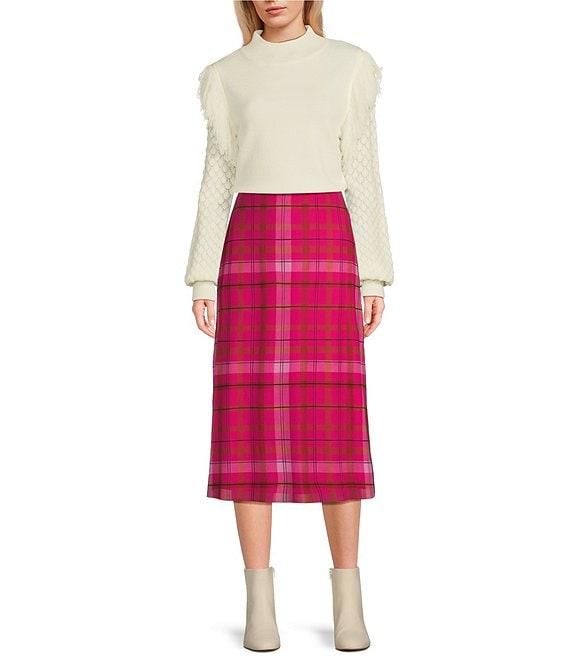 C&V Chelsea & Violet Plaid Printed Mesh Midi Skirt Product Image