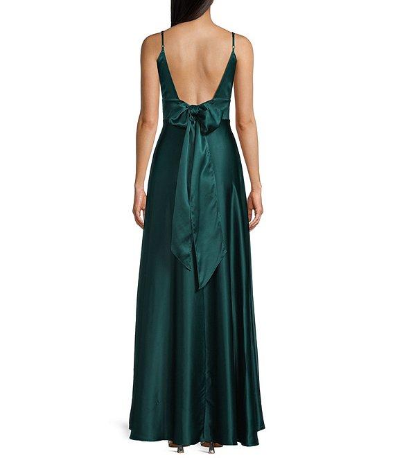 Midnight Doll Sherri Satin V-Neck Spaghetti Strap Tie Back A-Line Gown Product Image
