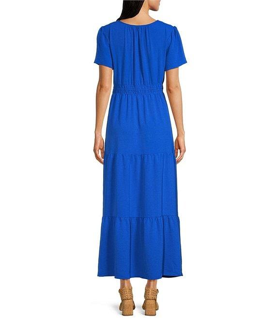 Leslie Fay Slit Round Neck Short Sleeve Tiered A Line Maxi Dress Product Image