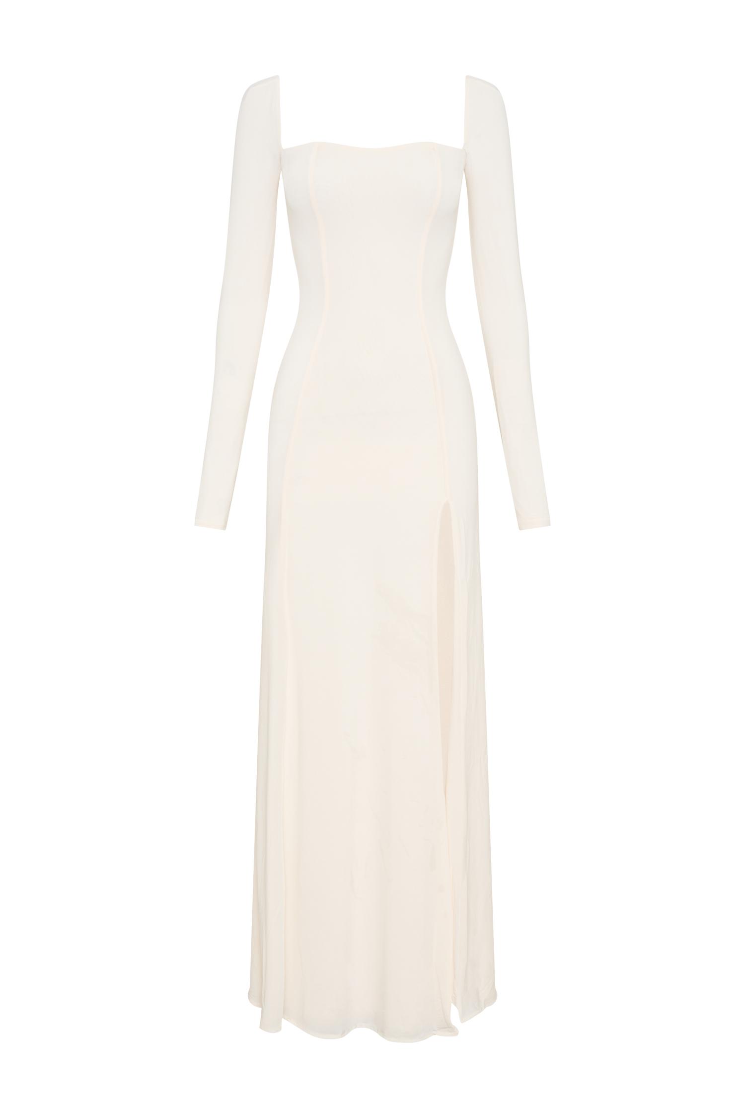 Desirie Slinky Long Sleeve Maxi Dress With Split - Ivory Product Image