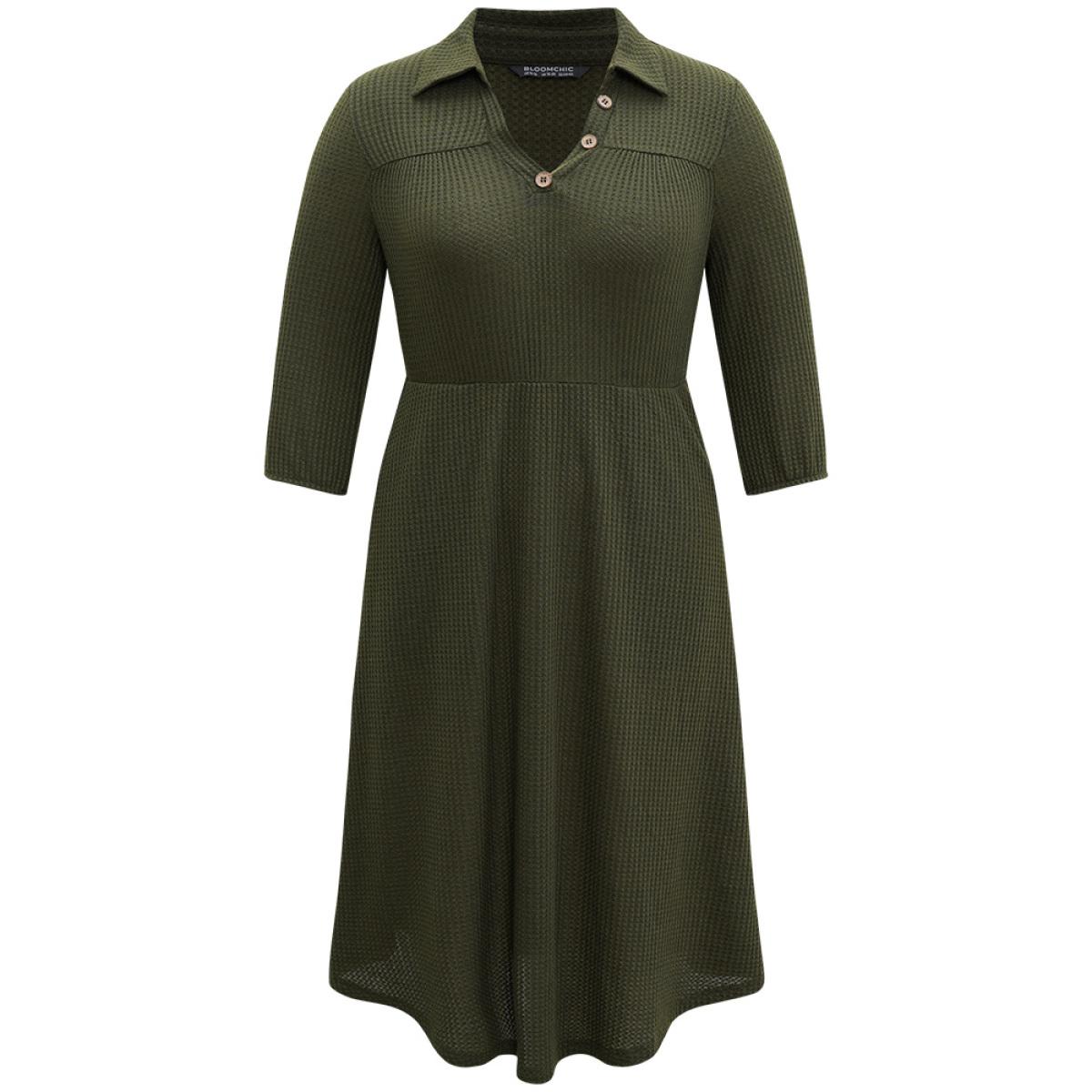 Plus Size Waffle Knit Button Detail Lapel Collar Dress ArmyGreen Women Elegant Elastic cuffs Lapel Collar Elbow-length sleeve Curvy Midi Dress BloomChic 18-20/2X Product Image