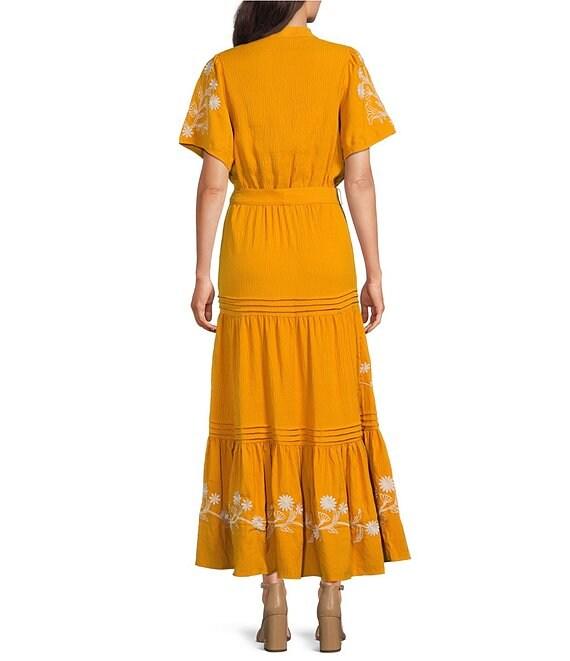 Calessa Embroidered Split V-Neck Short Balloon Sleeve A-Line Tiered Belted Maxi Dress Product Image