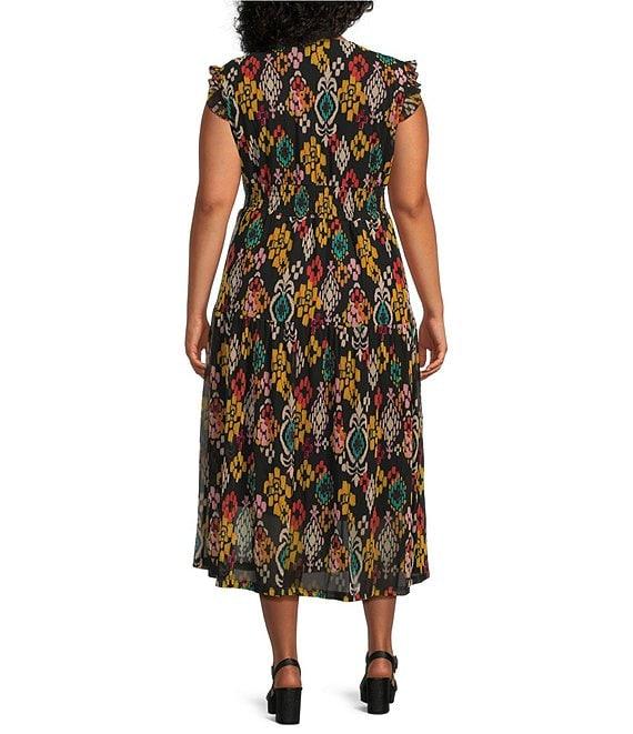 Calessa Plus Size Abstract Ikat Print Plunge V-Neck Cap Flutter Sleeve Smocked Tiered Dress Product Image