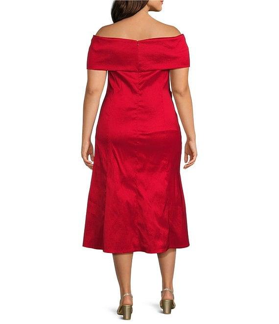Marina Plus Size Off-The-Shoulder Short Sleeve Side Slit Taffeta Gown Product Image