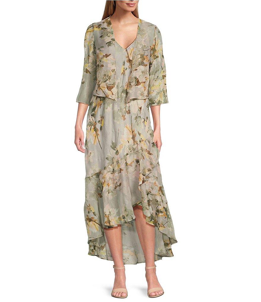 R & M Richards Petite Size Floral Print Chiffon Bolero 3/4 Sleeve V-Neck Asymmetrical Ruffle Hem 2-Piece Jacket Dress Product Image