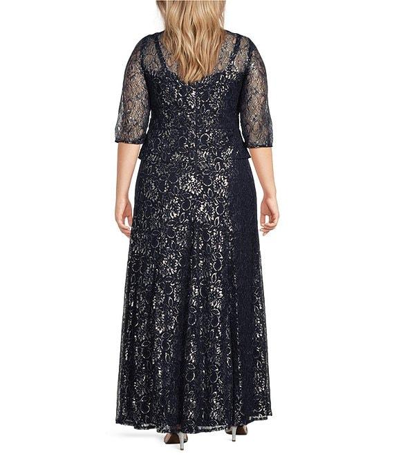 Le Bos Plus Size Round Neck 3/4 Sleeve Metallic Lace Peplum Long Gown Product Image