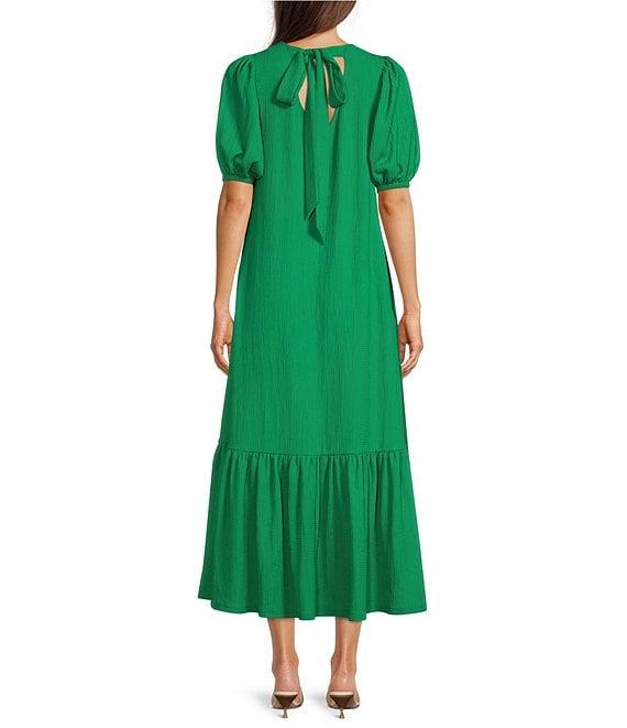 Gibson & Latimer Crepe Waffle Knit V-Neck Tie Back Detail Puffed Short Sleeve Tiered A-Line Flounce Midi Dres Product Image