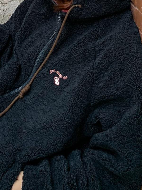 Plaid Lambswool Splice Embroidered Hooded Zip Up Jacket Product Image