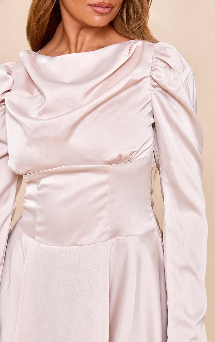 Shape Cream Satin Boat Neck Cinched Waist Skater Mini Dress Product Image