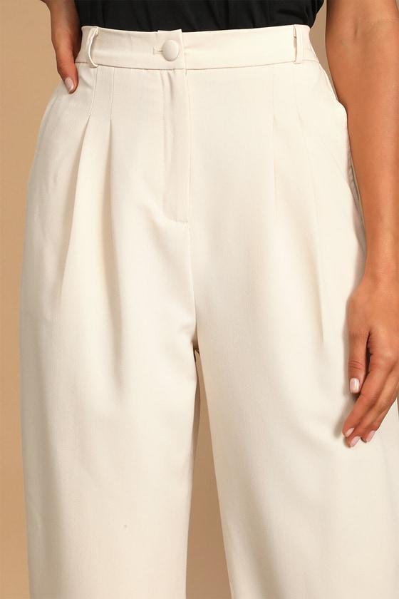 Posh Company Ivory Pleated High-Waisted Trouser Pants Product Image