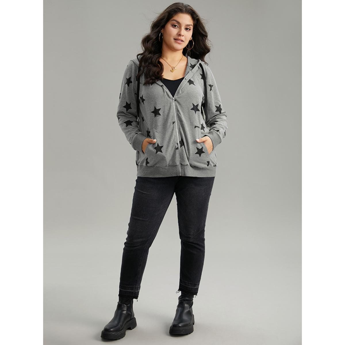 Plus Size Star Print Hooded Ties Pocket Sweatshirt Women Gray Casual Printed Hooded Dailywear Sweatshirts BloomChic 18-20/2X Product Image
