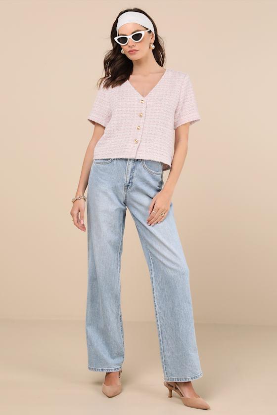 Chicest State Pink Tweed Button-Up Short Sleeve Top Product Image