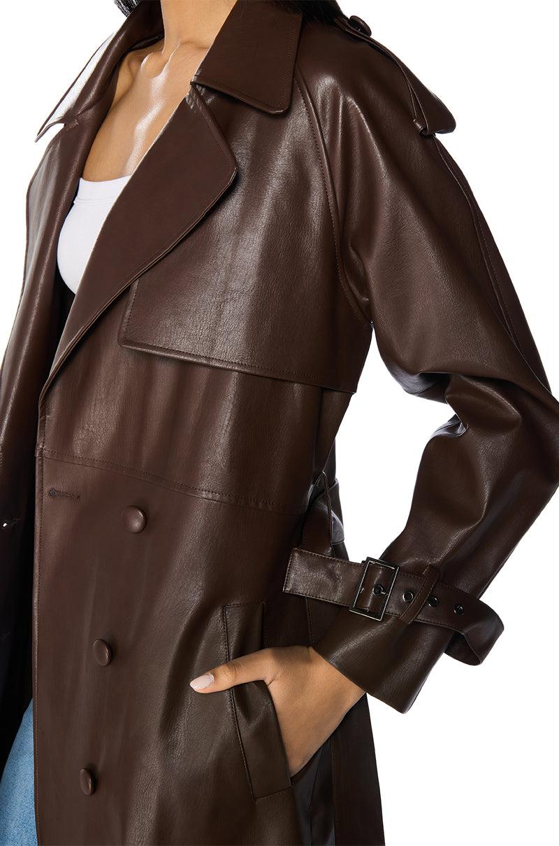 AU REVOIR FAUX LEATHER TRENCH IN BROWN Product Image